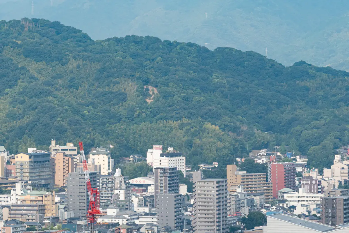 산자락 앞에 주택과 건물이 펼쳐진 마쓰야마 시가지 전경