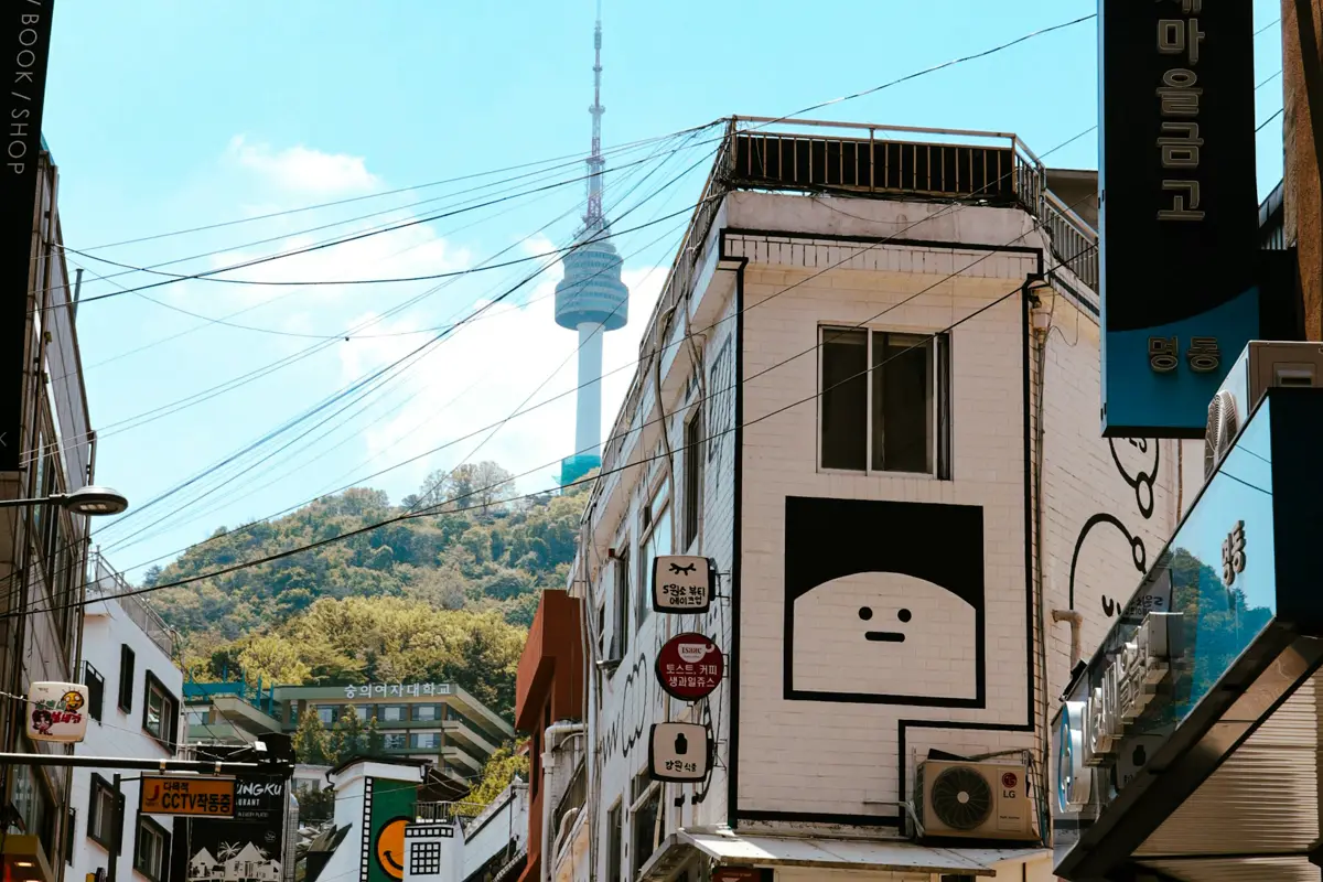 남산타워가 보이는 명동 낮 거리